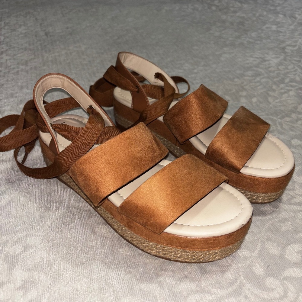 Ego Moleca Tan Faux Suede Platform Espadrille Lace Up Sandals